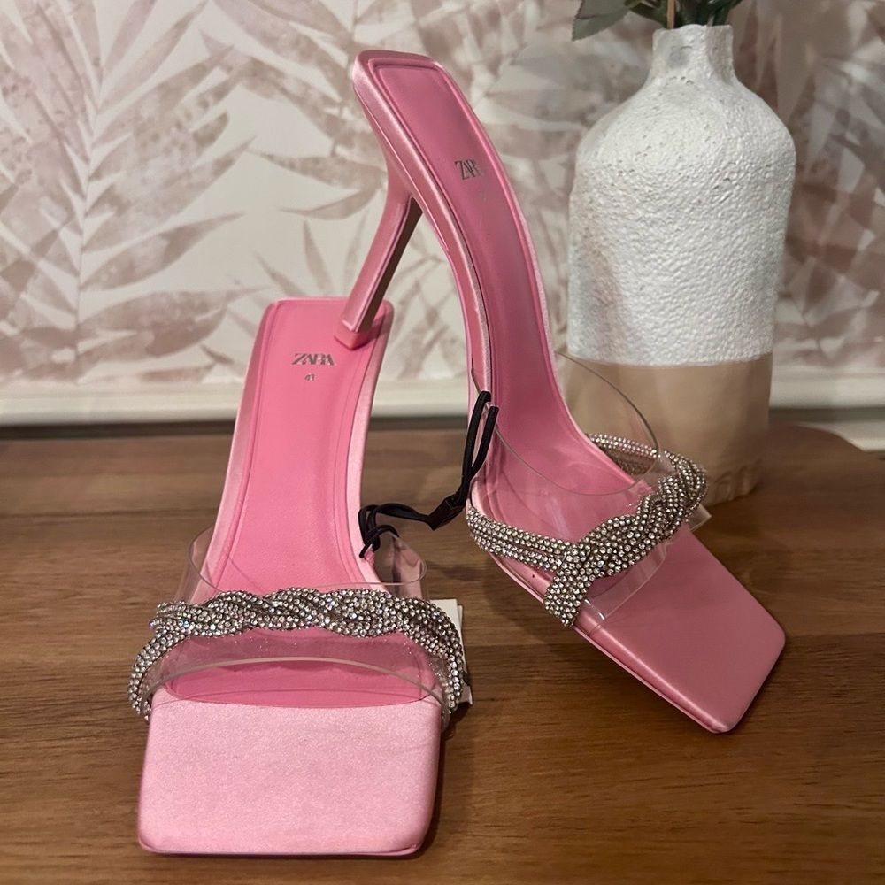 🆕 NWT Zara Square Toe Heels with Rhinestone Accents Size 41/ US 10